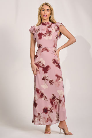 High Neck Ruffle Sleeve Chiffon Maxi Dress, Pink Floral