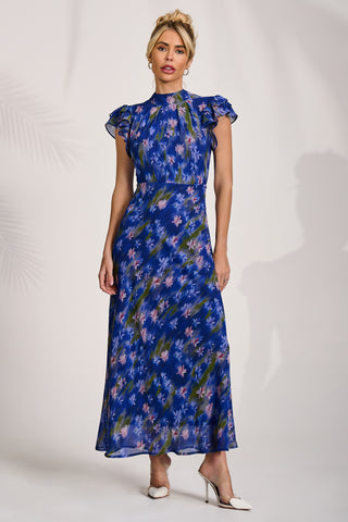 High Neck Ruffle Sleeve Chiffon Maxi Dress, Royal Floral