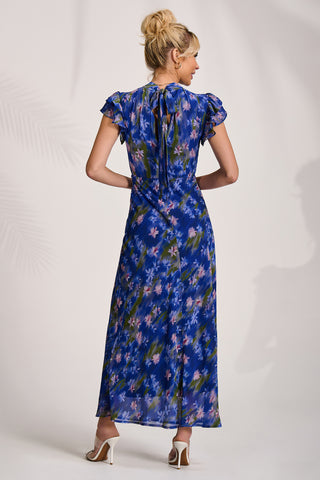 High Neck Ruffle Sleeve Chiffon Maxi Dress, Royal Floral
