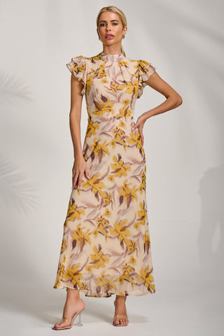 High Neck Ruffle Sleeve Chiffon Maxi Dress, Yellow Floral