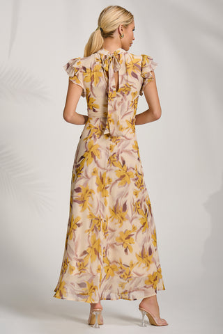 High Neck Ruffle Sleeve Chiffon Maxi Dress, Yellow Floral