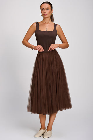 Tulle Godet Midi Skirt, Brown