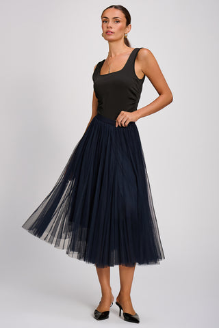 Tulle Godet Midi Skirt, Navy