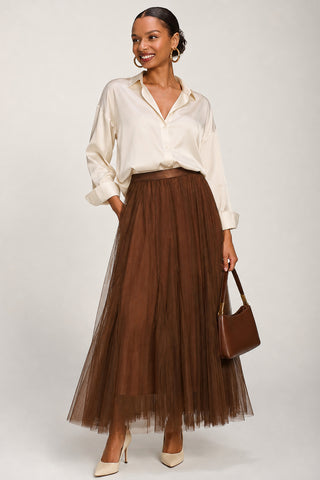Tulle Godet Maxi Skirt, Brown