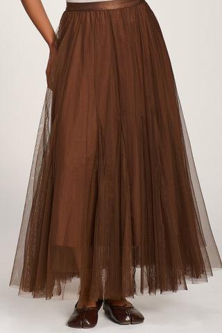Tulle Godet Maxi Skirt, Brown