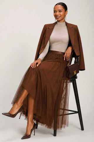 Tulle Godet Maxi Skirt, Brown