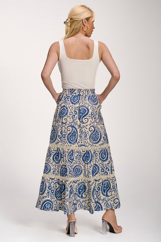 Lace Trim Tiered Maxi Skirt, Blue Paisley