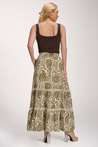 Lace Trim Tiered Maxi Skirt, Khaki Paisley