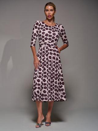 Three Quarter Sleeve Jersey Midi Dress, Beige Floral