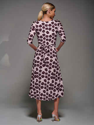 Three Quarter Sleeve Jersey Midi Dress, Beige Floral
