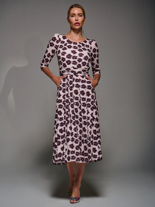 Three Quarter Sleeve Jersey Midi Dress, Beige Floral