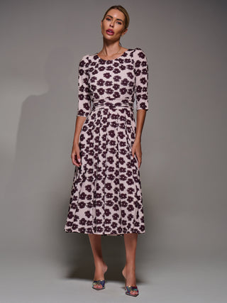 Three Quarter Sleeve Jersey Midi Dress, Beige Floral