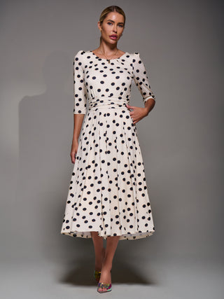 Three Quarter Sleeve Jersey Midi Dress, Beige Polka Dot