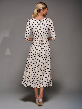 Three Quarter Sleeve Jersey Midi Dress, Beige Polka Dot