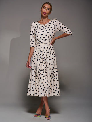 Three Quarter Sleeve Jersey Midi Dress, Beige Polka Dot