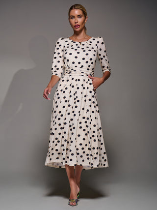 Three Quarter Sleeve Jersey Midi Dress, Beige Polka Dot