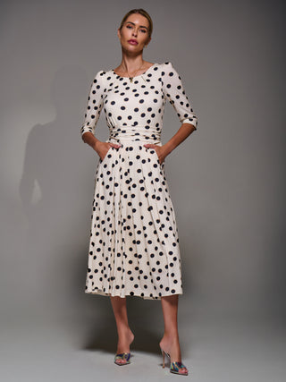 Three Quarter Sleeve Jersey Midi Dress, Beige Polka Dot