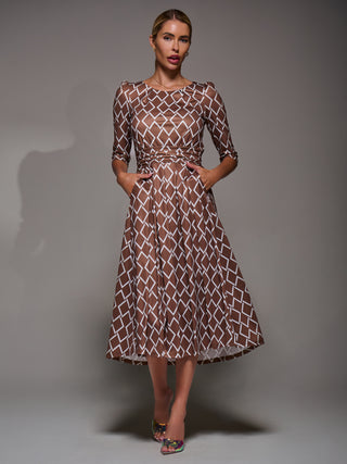 Three Quarter Sleeve Jersey Midi Dress, Brown Geo