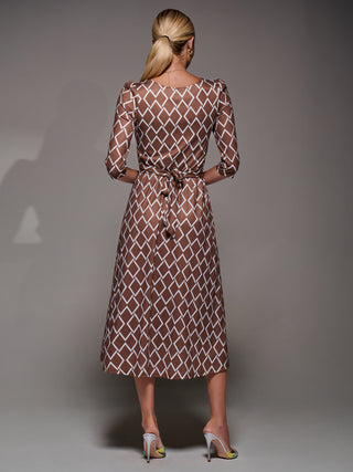Three Quarter Sleeve Jersey Midi Dress, Brown Geo