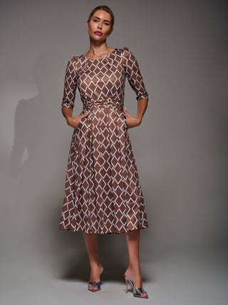 Three Quarter Sleeve Jersey Midi Dress, Brown Geo
