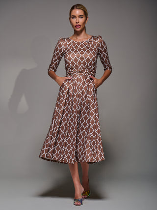 Three Quarter Sleeve Jersey Midi Dress, Brown Geo