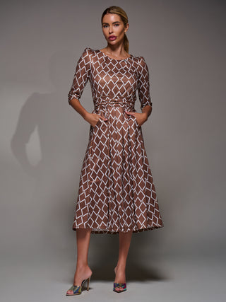 Three Quarter Sleeve Jersey Midi Dress, Brown Geo