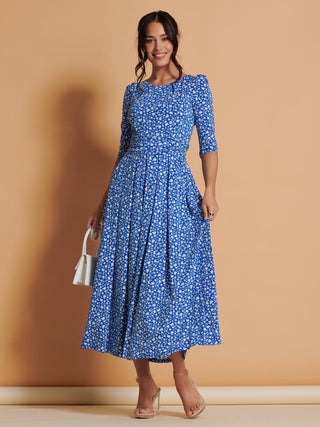 Kimber Jersey Pleated Maxi Dress, Blue Floral
