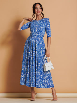 Kimber Jersey Pleated Maxi Dress, Blue Floral