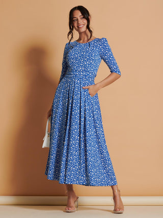 Kimber Jersey Pleated Maxi Dress, Blue Floral