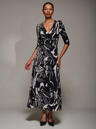 Jersey Ruched Waist Fit & Flare Maxi Dress, Black Abstract
