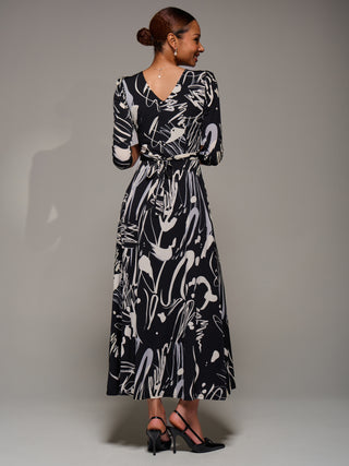 Jersey Ruched Waist Fit & Flare Maxi Dress, Black Abstract