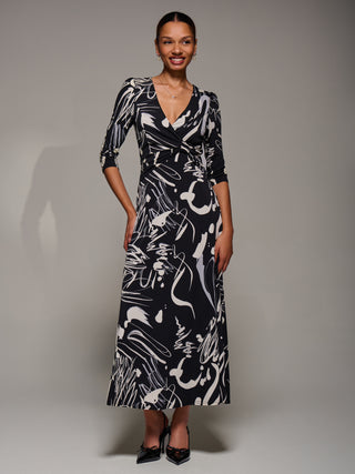 Jersey Ruched Waist Fit & Flare Maxi Dress, Black Abstract