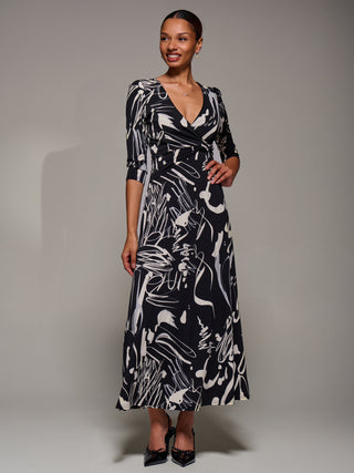 Jersey Ruched Waist Fit & Flare Maxi Dress, Black Abstract