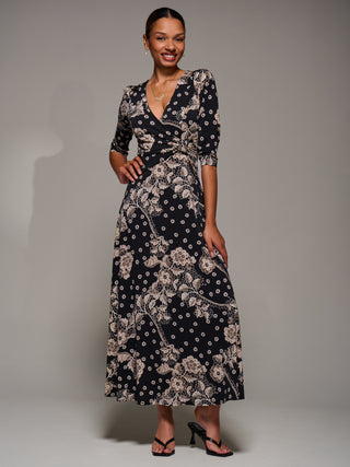 Jersey Ruched Waist Fit & Flare Maxi Dress, Black Floral