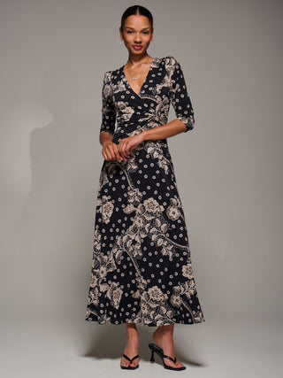 Jersey Ruched Waist Fit & Flare Maxi Dress, Black Floral