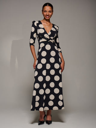 Jersey Ruched Waist Fit & Flare Maxi Dress, Black Polka Dot