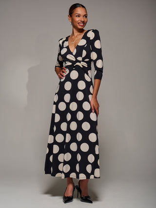 Jersey Ruched Waist Fit & Flare Maxi Dress, Black Polka Dot