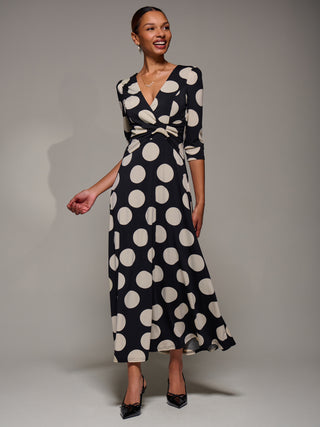 Jersey Ruched Waist Fit & Flare Maxi Dress, Black Polka Dot