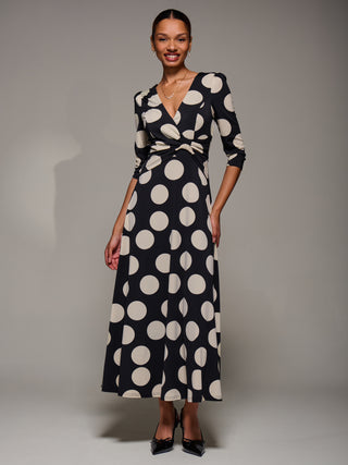 Jersey Ruched Waist Fit & Flare Maxi Dress, Black Polka Dot