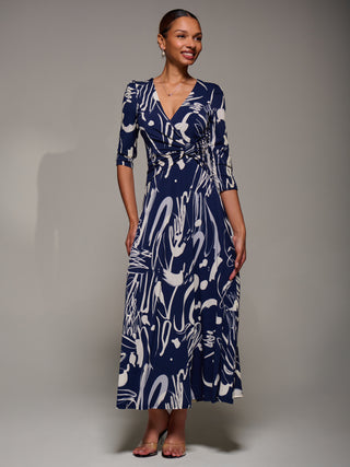 Jersey Ruched Waist Fit & Flare Maxi Dress, Navy Abstract