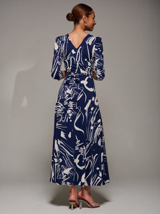 Jersey Ruched Waist Fit & Flare Maxi Dress, Navy Abstract