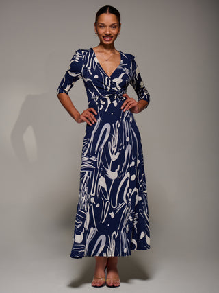 Jersey Ruched Waist Fit & Flare Maxi Dress, Navy Abstract