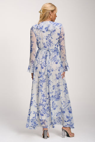 Long Sleeve Chiffon Ruffle Maxi Dress, Blue Floral