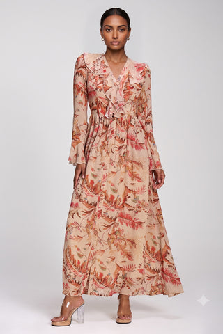 Long Sleeve Chiffon Ruffle Maxi Dress, Orange Multi
