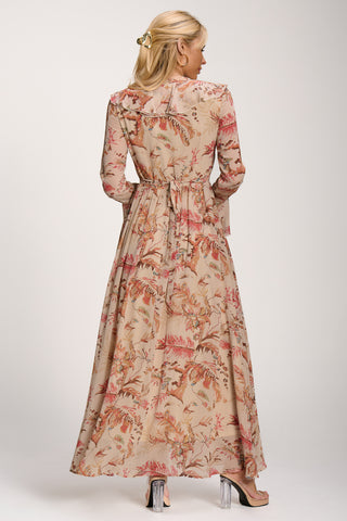 Long Sleeve Chiffon Ruffle Maxi Dress, Orange Multi