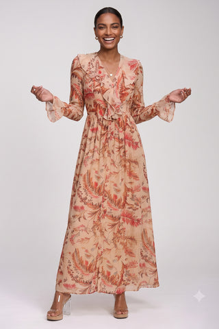 Long Sleeve Chiffon Ruffle Maxi Dress, Orange Multi