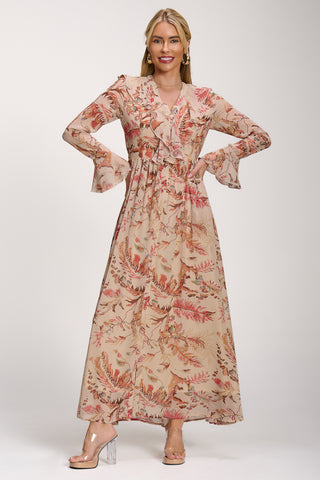 Long Sleeve Chiffon Ruffle Maxi Dress, Orange Multi