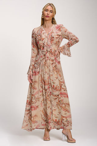 Long Sleeve Chiffon Ruffle Maxi Dress, Orange Multi