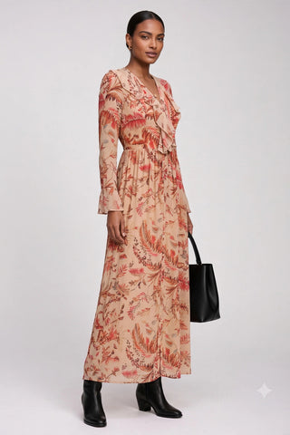 Long Sleeve Chiffon Ruffle Maxi Dress, Orange Multi