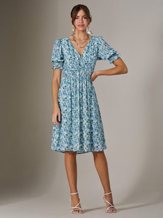 Puff Sleeve Midi Dress, Blue Floral